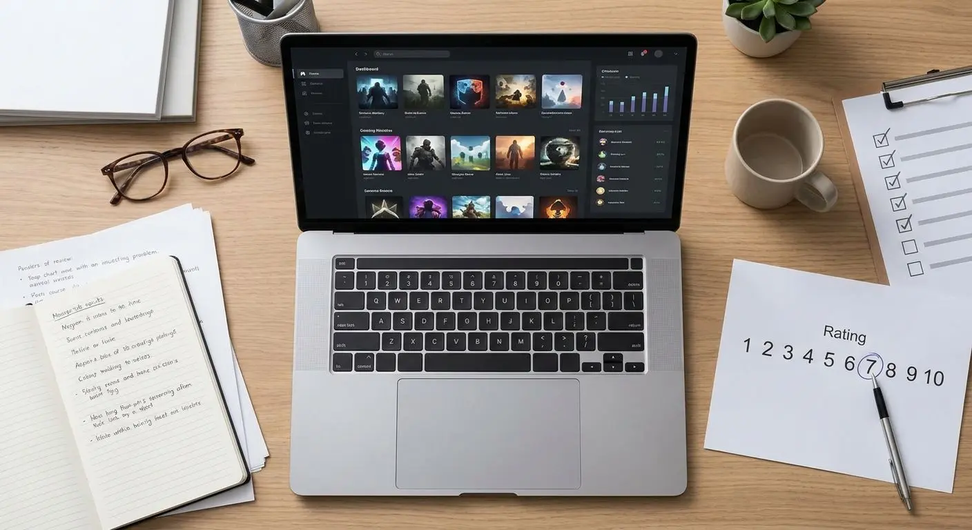 Neutrales Test-Setup eines Redakteurs mit Laptop und Checkliste