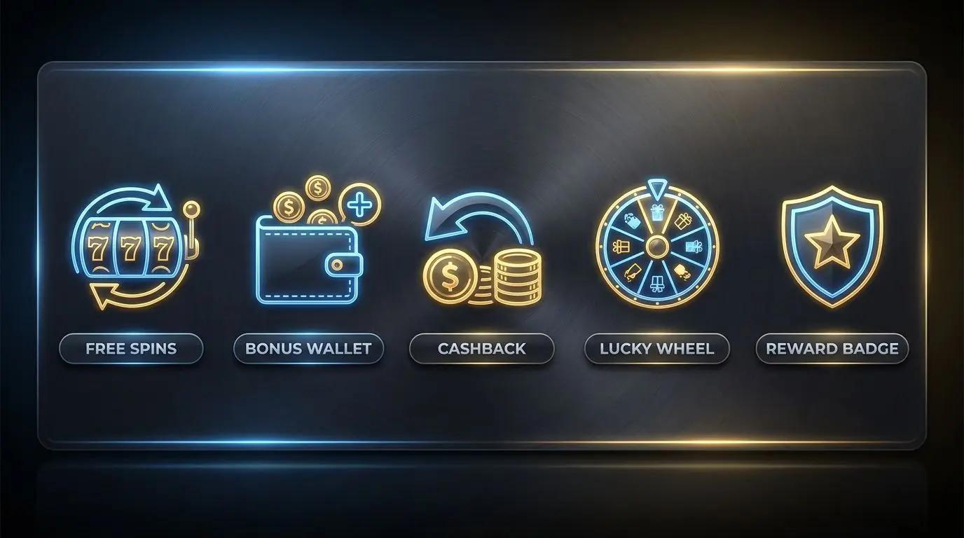 Übersicht verschiedener Bonusarten mit Symbolen für Freispiele und Treuevorteile