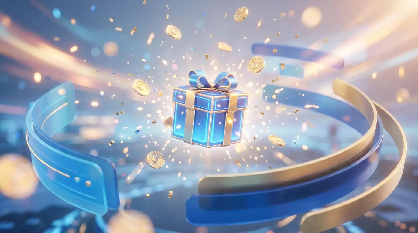 Illustration eines Willkommensbonus mit Geschenkbox und digitaler Atmosphäre
