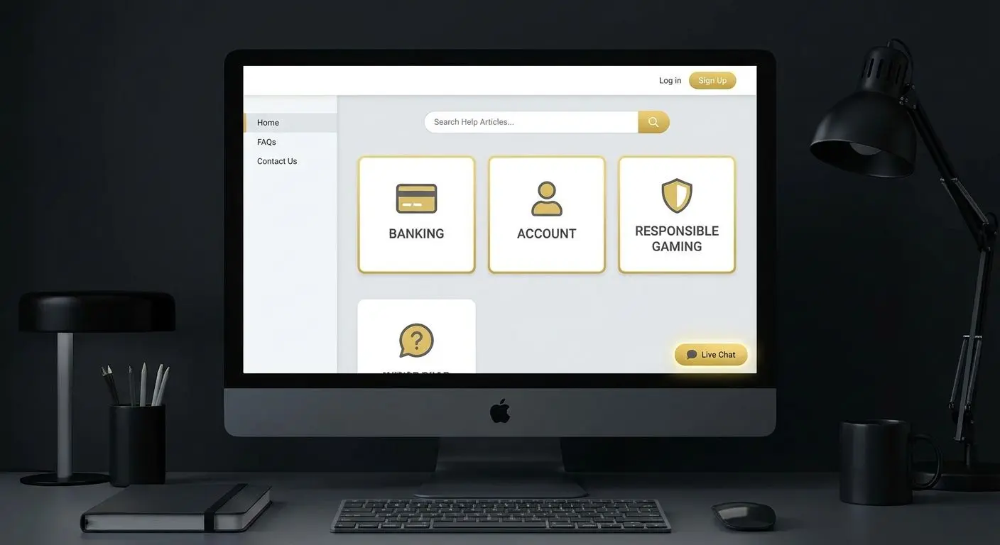 Übersichtlicher Hilfebereich mit Kategorien für Banking, Konto und Responsible Gaming