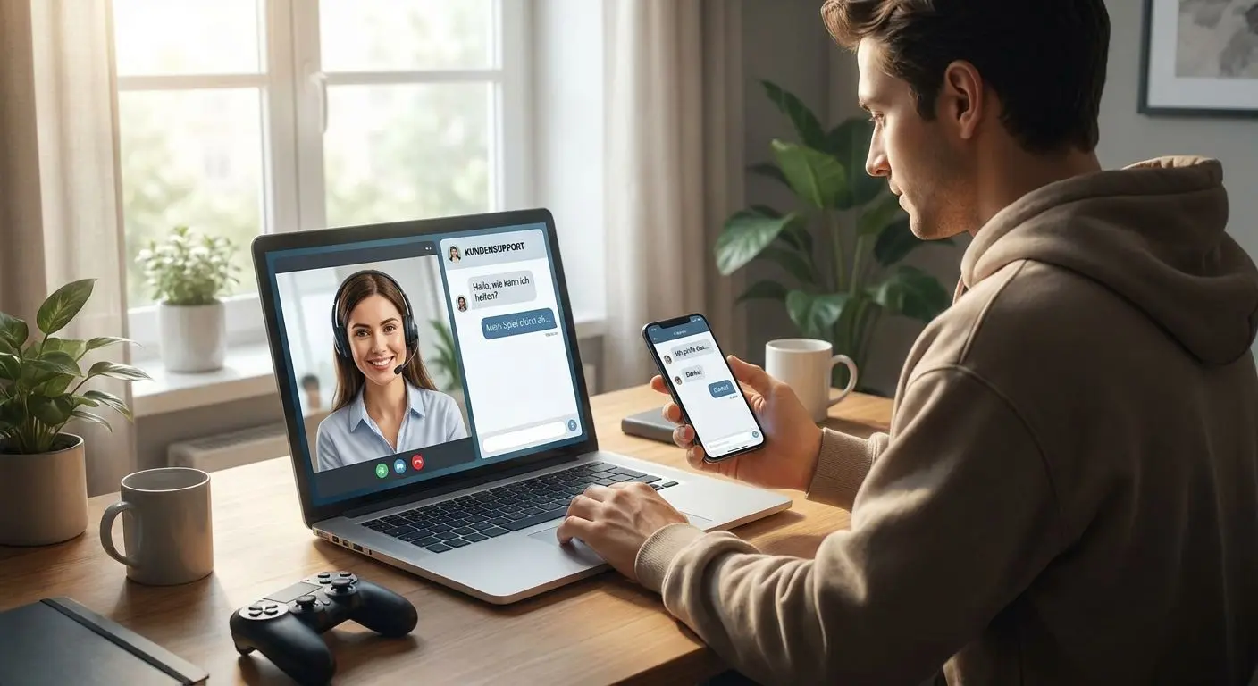 Spieler nutzt Laptop und Smartphone für den Live-Chat mit deutschem Support