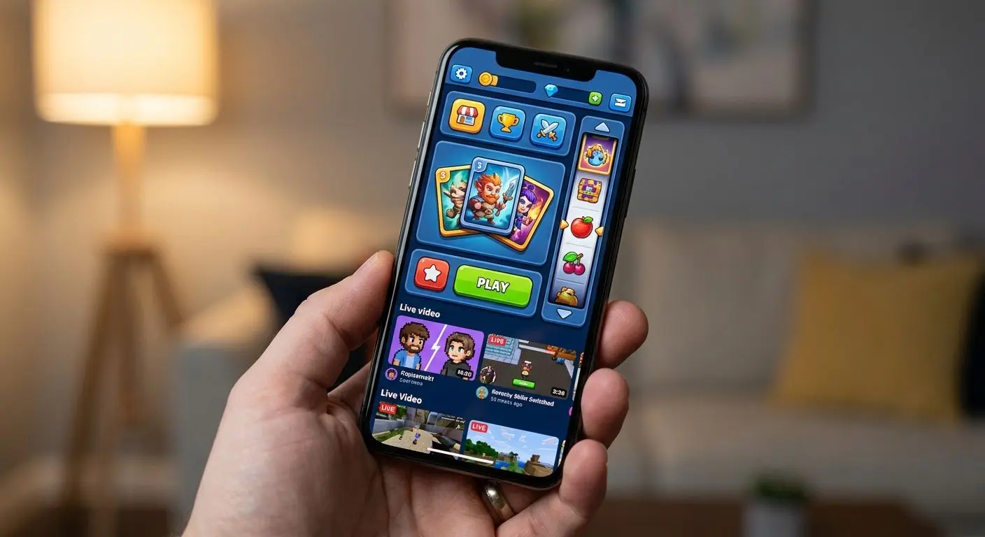 Smartphone in der Hand mit geöffneter mobiler Spieleoberfläche