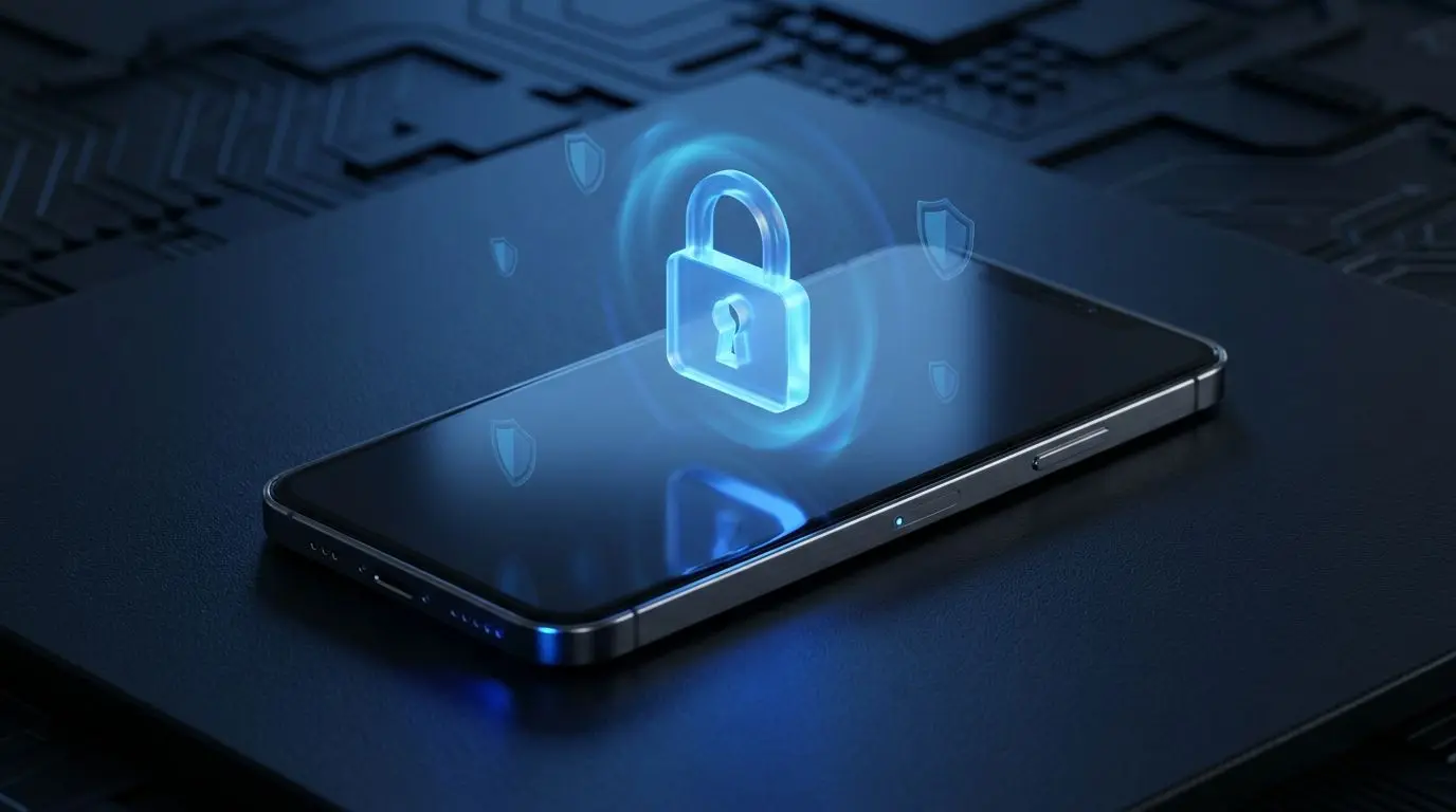 Abstraktes Sicherheitssymbol mit Smartphone für geschützte mobile Nutzung
