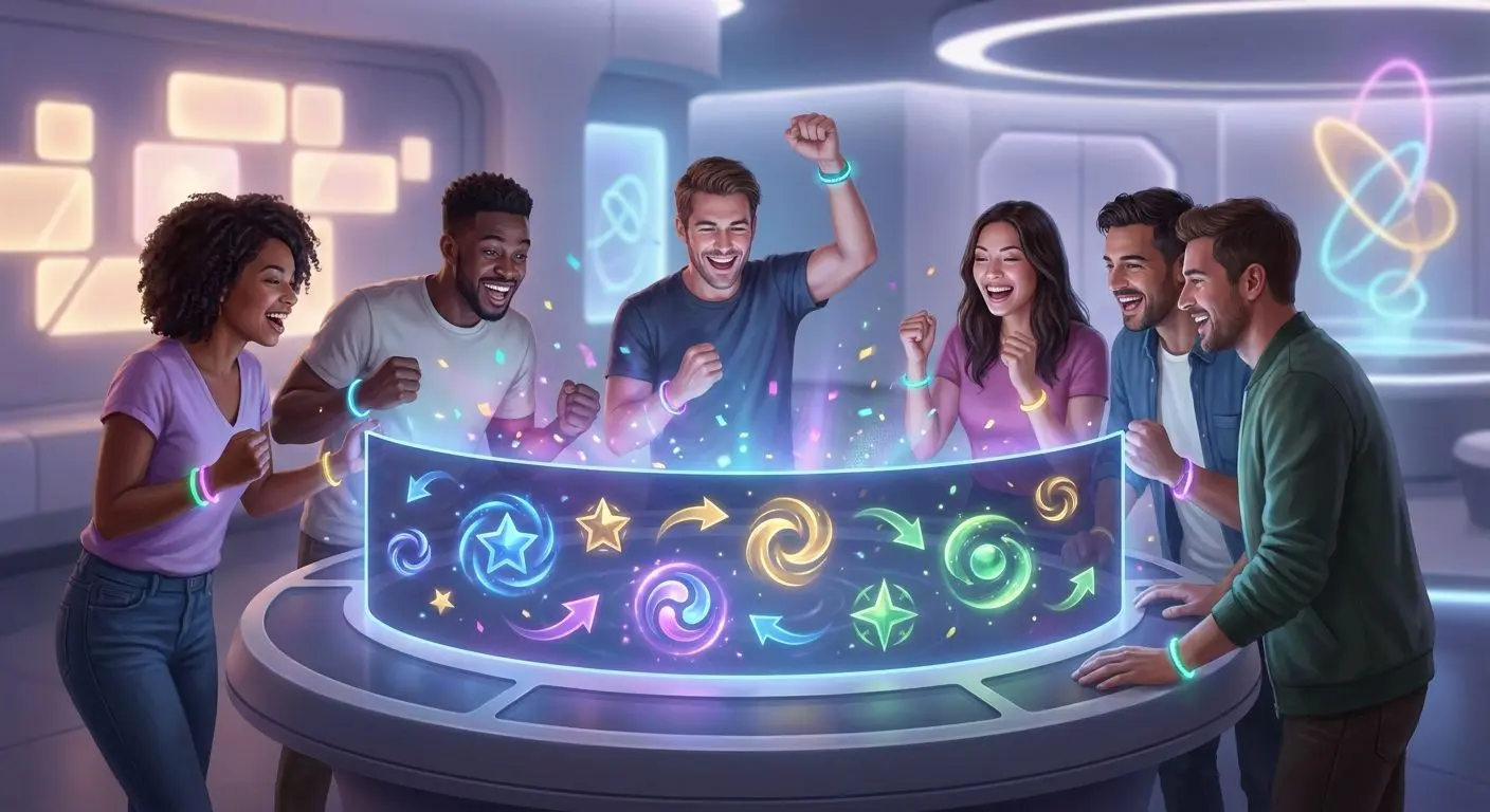 Glückliche Spieler vor Slot-Walzen mit Freispiele-Stimmung