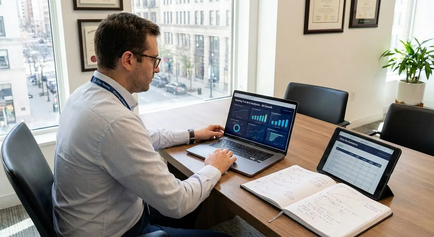 Fiktiver Experte am Laptop bei der Analyse von Live-Spielinhalten