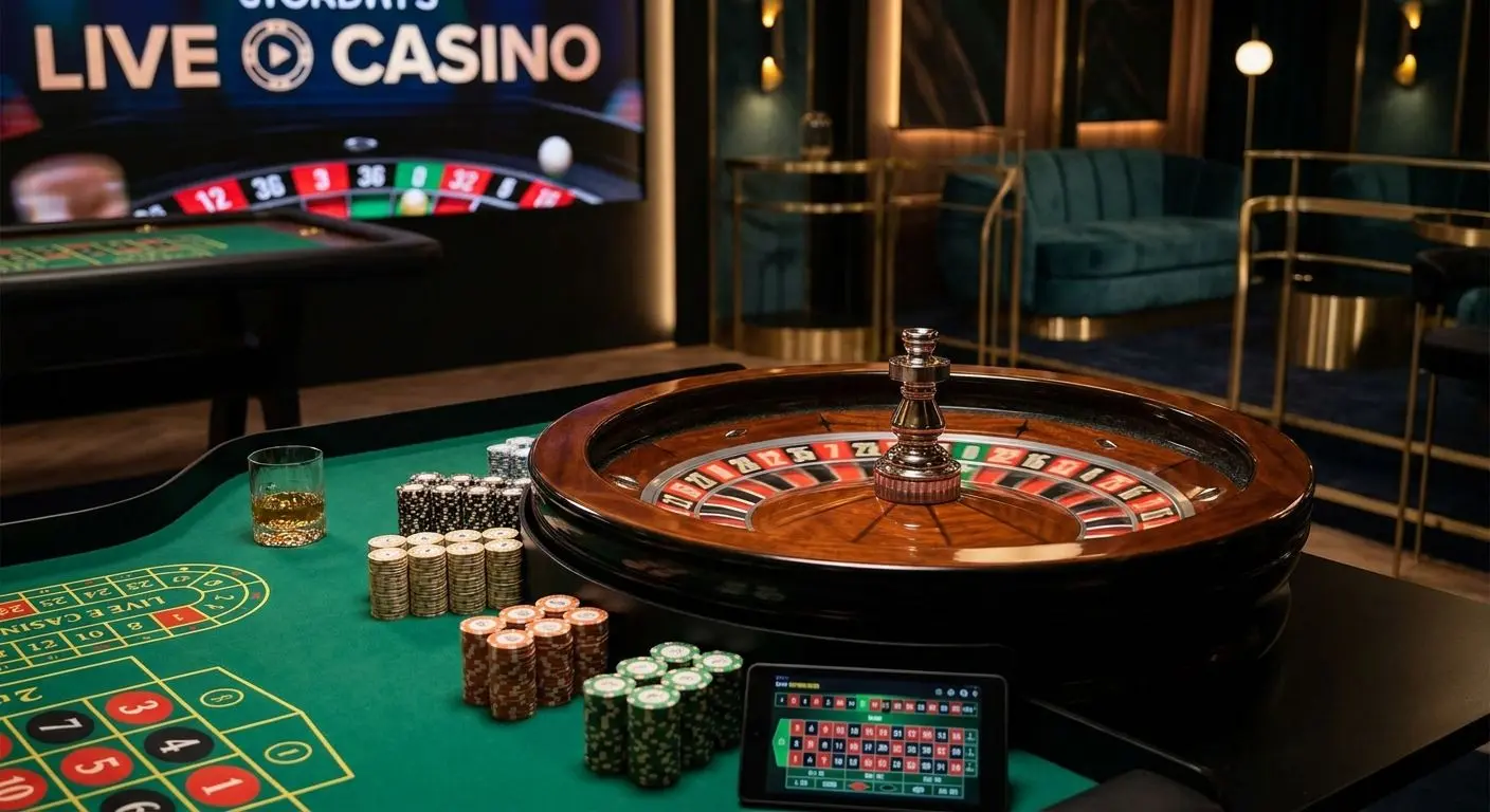 Roulette-Tisch mit Kessel und Jetons im Live-Studio