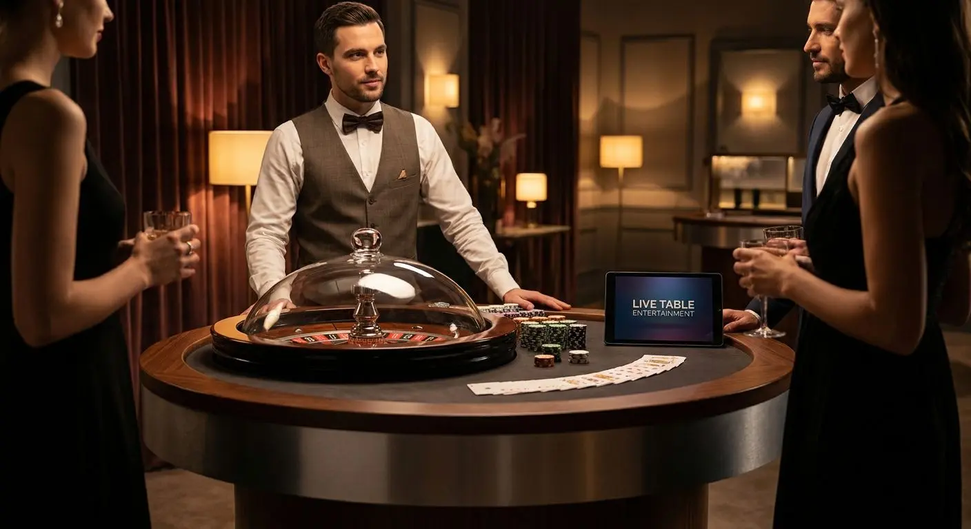 Live-Tischszene mit Dealer, Roulette und Karten in stilvoller Umgebung