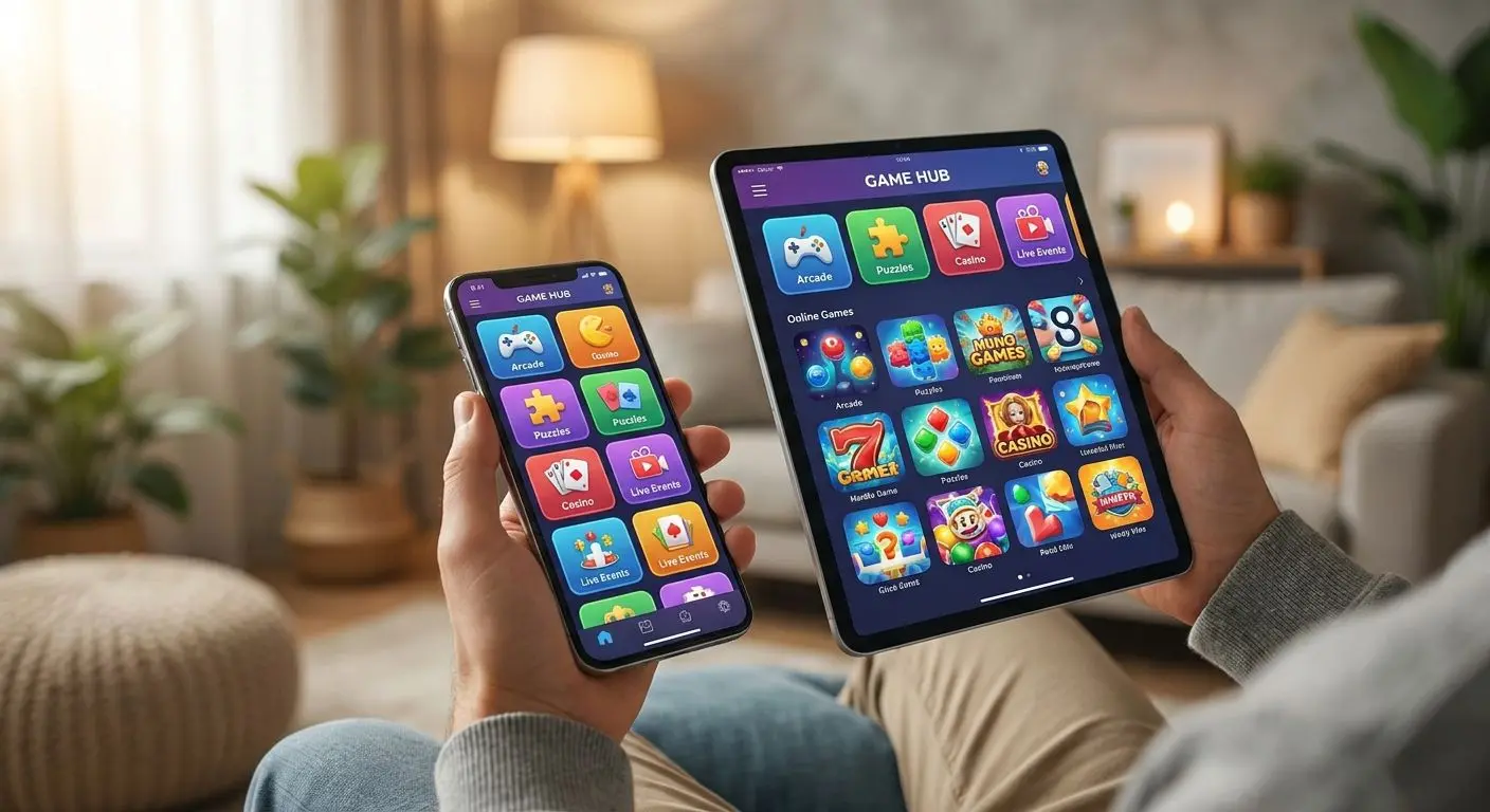 Smartphone und Tablet mit mobiler Spielelobby in klarer Benutzeroberfläche