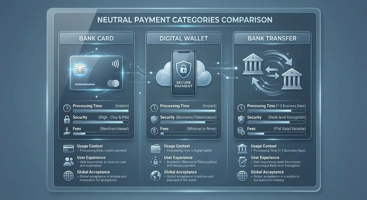 Vergleich verschiedener Zahlungsarten mit digitalem Wallet, Karte und &Uuml;berweisung