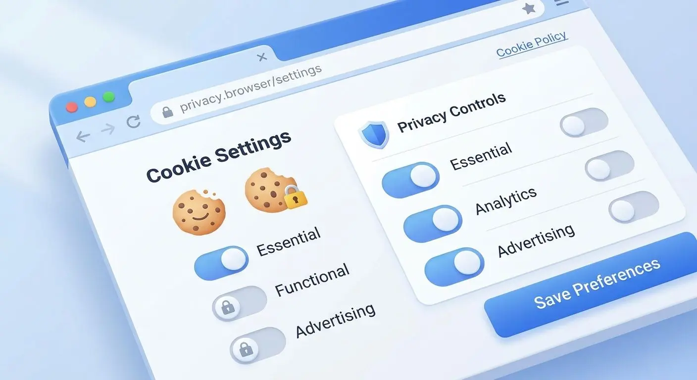 Browser mit Cookie-Einstellungen und Opt-in-Opt-out-Symbolen