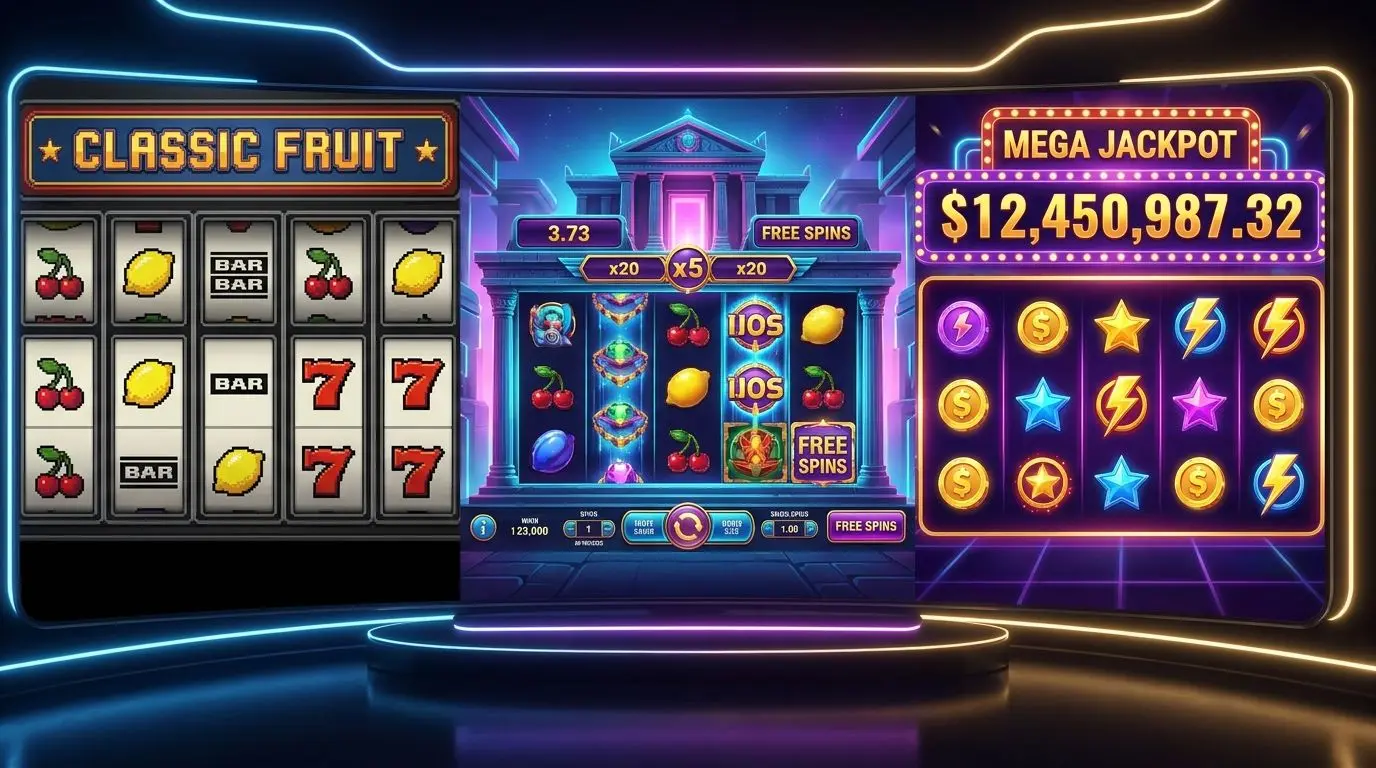 Collage aus klassischen Slots, Video-Slots und Jackpot-Anzeige