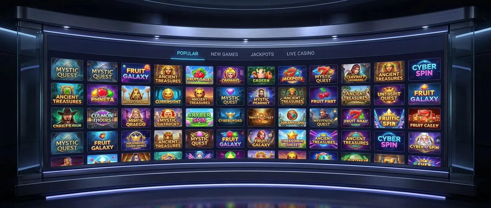 Übersicht einer Slot-Lobby mit vielen Spielen und Kategorien