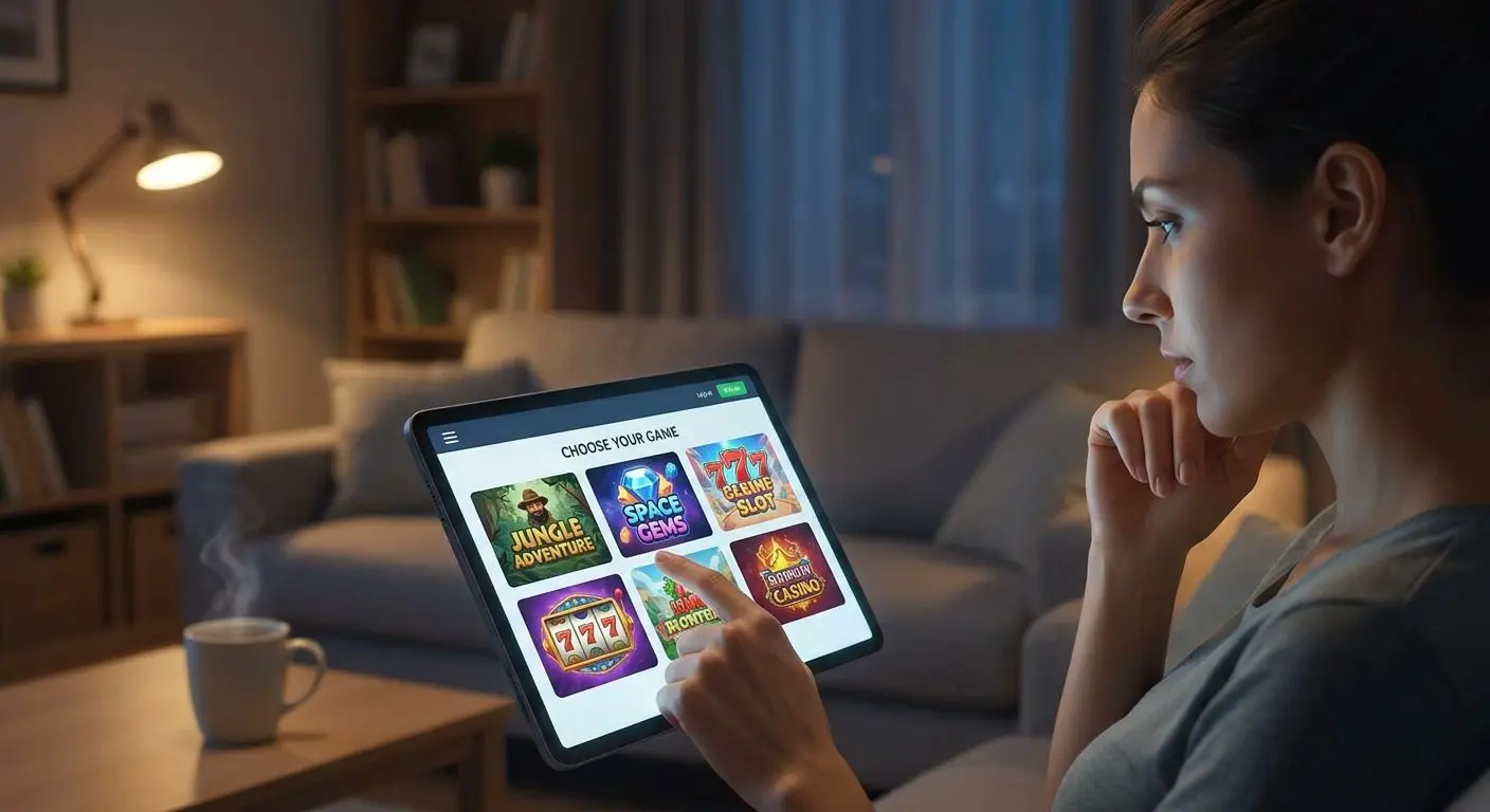 Person vergleicht verschiedene Slots in einer Online-Lobby