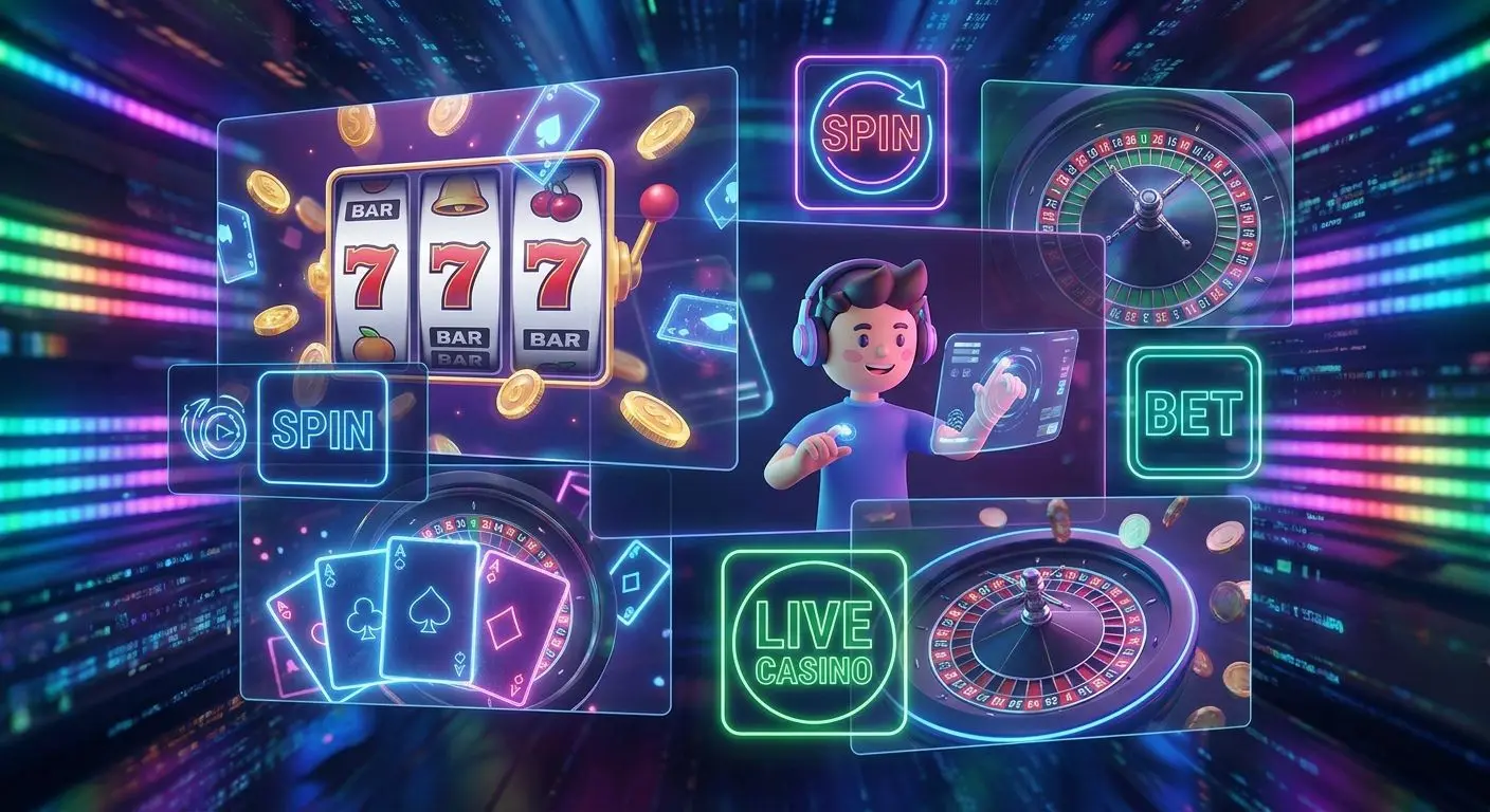 Collage aus Spielauswahl mit Reels und Live-Tischen
